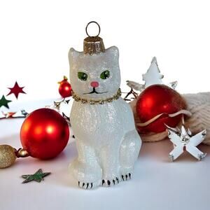 NIB Hand Painted Poland Holiday Glitter White Cat Glass Christmas Tree Ornament